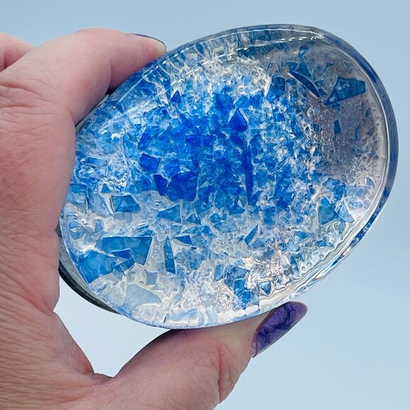 Vintage Oval Shaped Decorative Glass w/ Blue & Silver Accents Silver-Plated Base - Picture 2 of 11